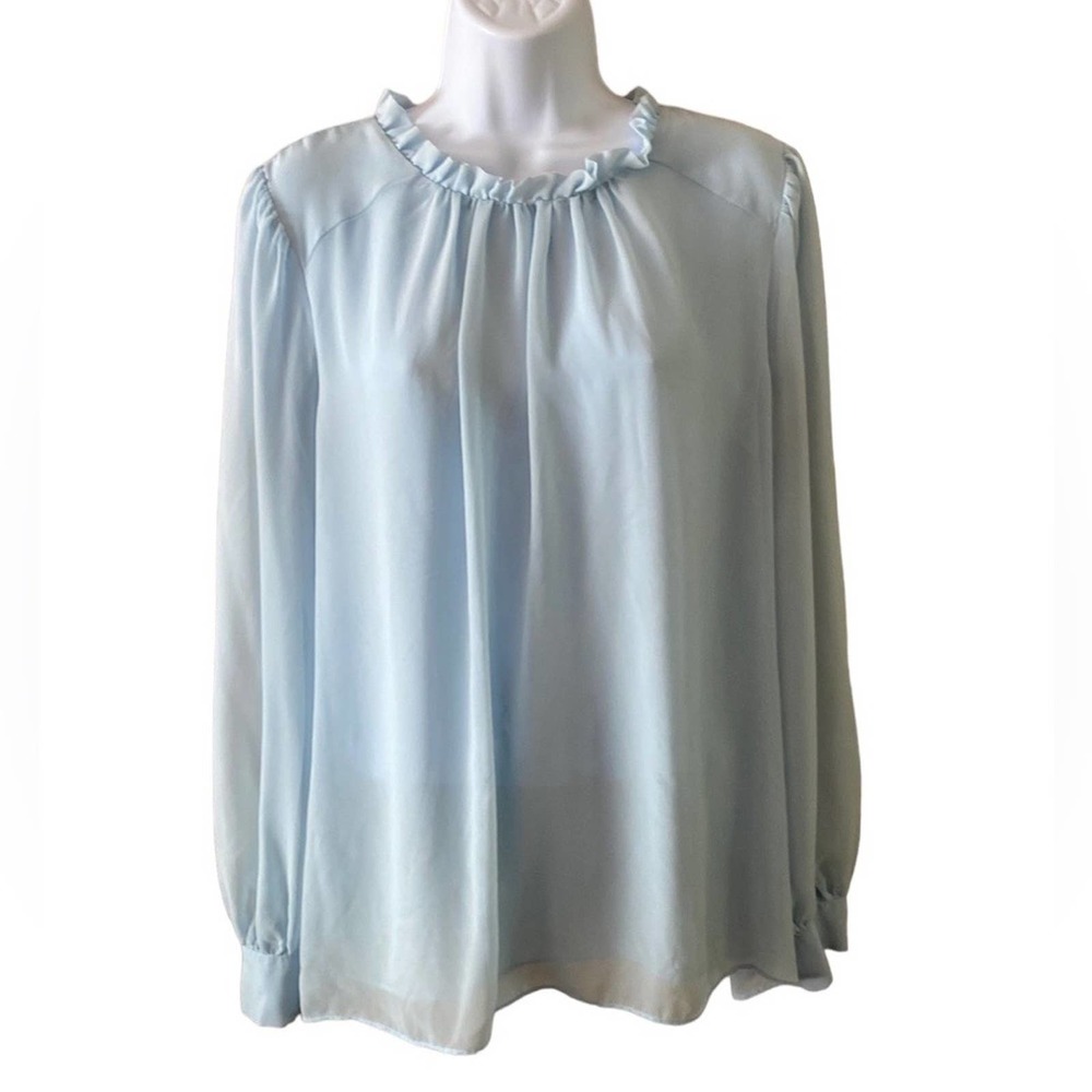 Light Blue Ruffled Neck Long-Sleeve Women's Blouse